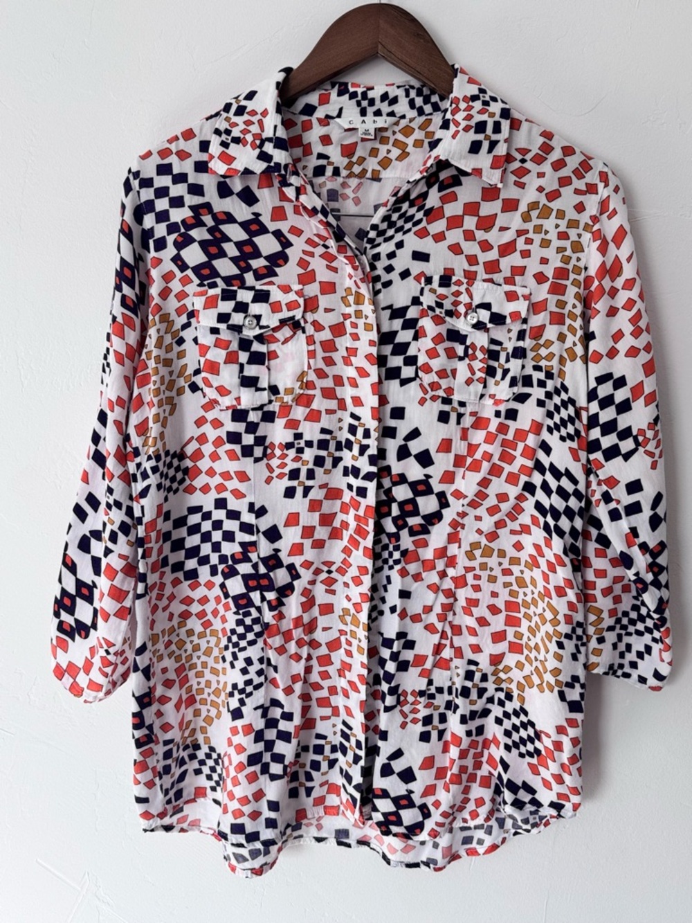 CAbi White Button-Up Blouse with Geo Print 3/4 sleeve Size Medium